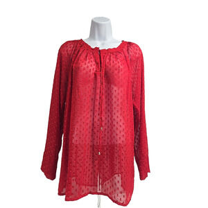 Liz Claiborne Womens Blouse Top Semi Sheer Red Dotted Long Sleeve Size Large